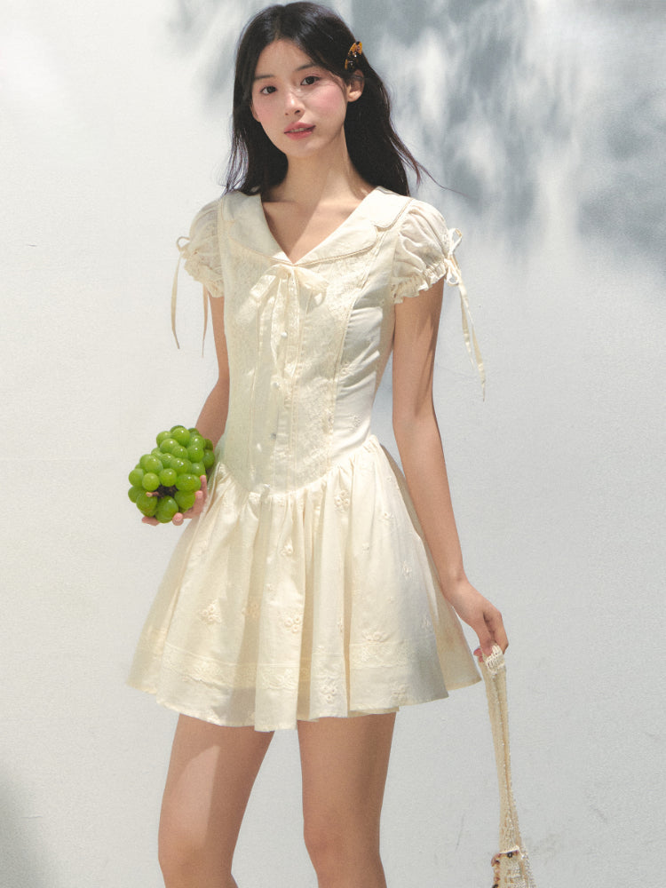 Embroidered Shirt-Collar Tea-Break Dress