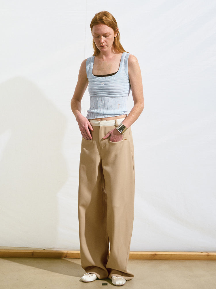 Wrinkle-Resistant Patchwork Straight-Leg Pants