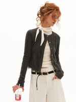 Lace Trim Textured Cropped Cardigan