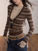 Color-Blocked Stripe Crew Neck Long Sleeve Knit Top