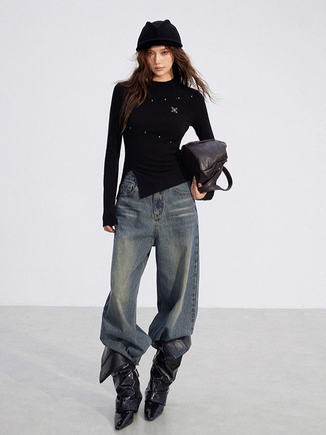 Irregular Slit Knit Long-sleeve Top