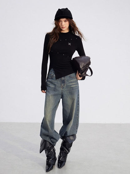 Irregular Slit Knit Long-sleeve Top