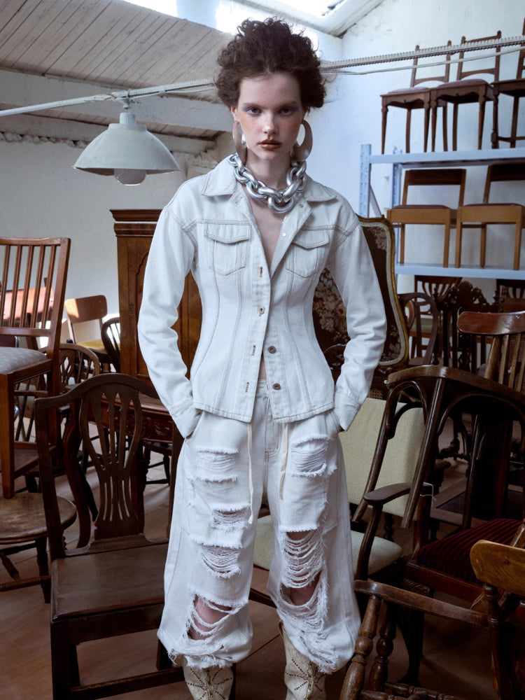 Distressed White Structured Denim Jacket