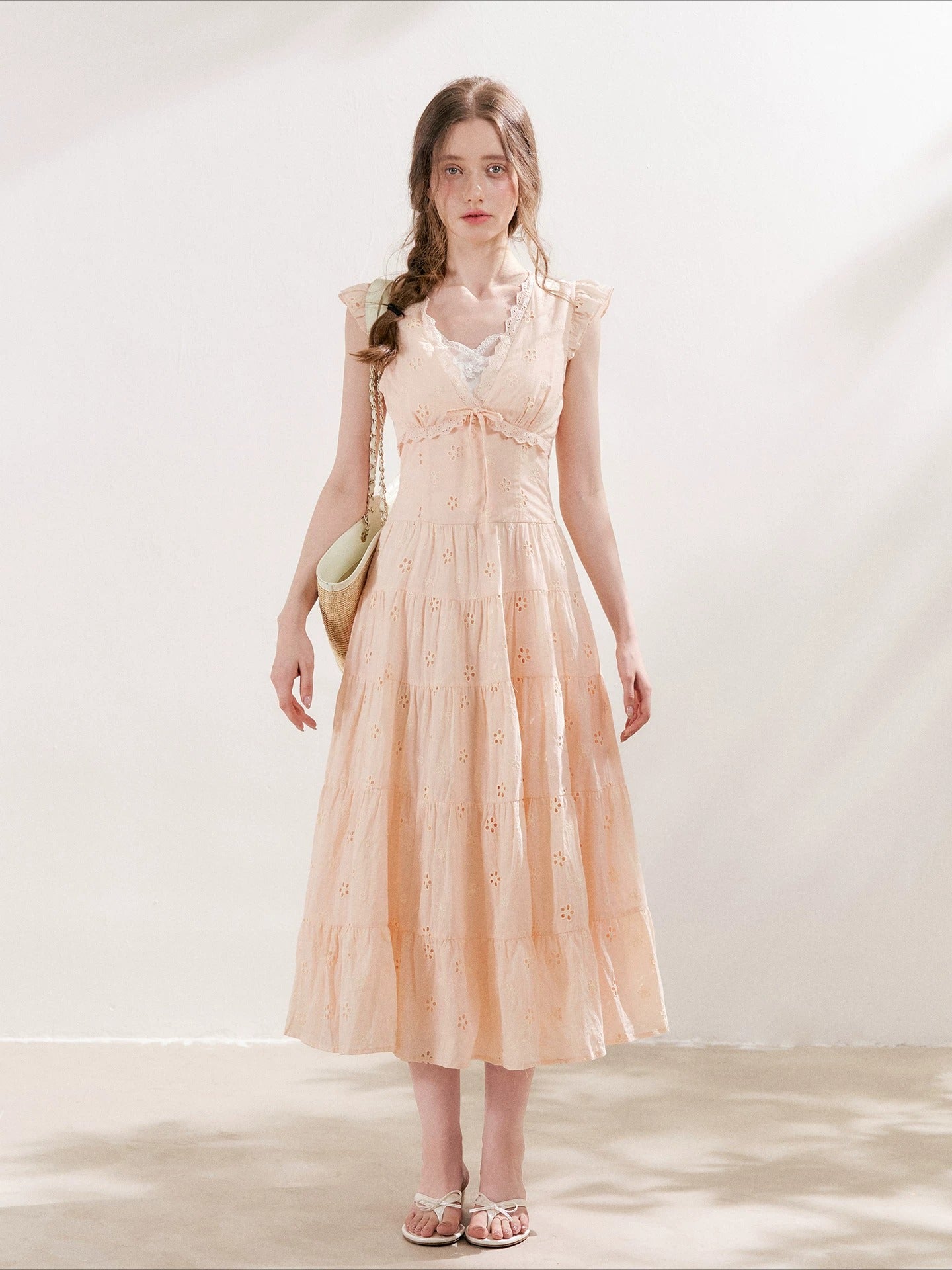 Apricot Orange Eyelet Tiered Dress