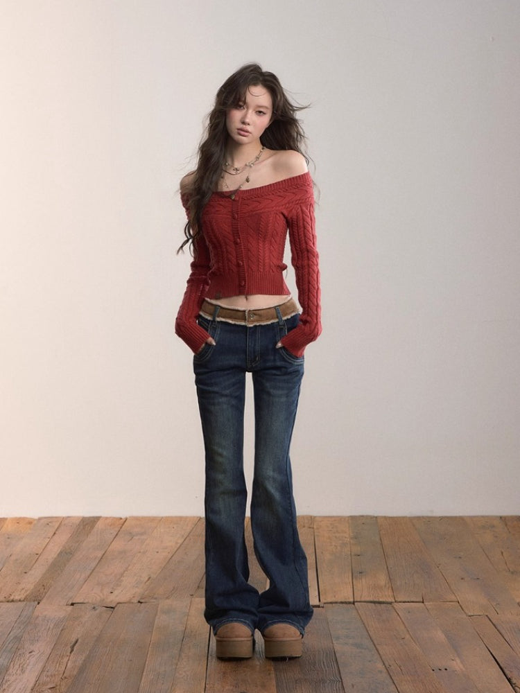 Off-Shoulder Cable Knit Sweater