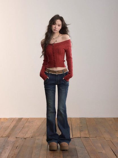 Off-Shoulder Cable Knit Sweater