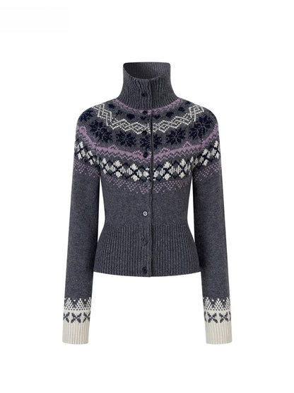 Fair Isle Heavy-Duty Knit Turtleneck Cardigan