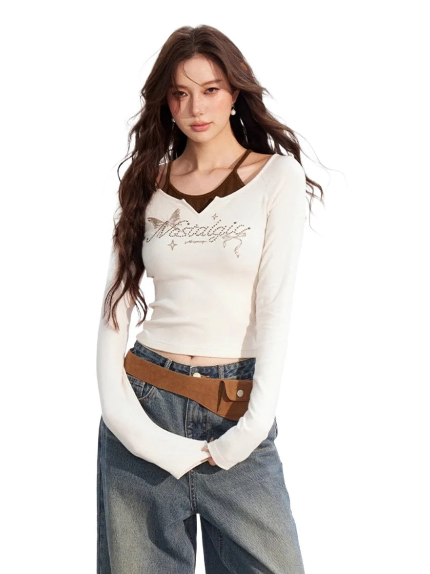 Butterfly Print Layered Long-Sleeve T-Shirt