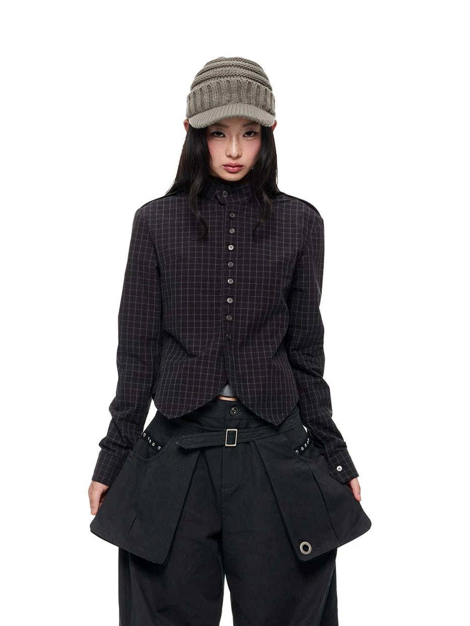 Black Plaid Stand Collar Shirt