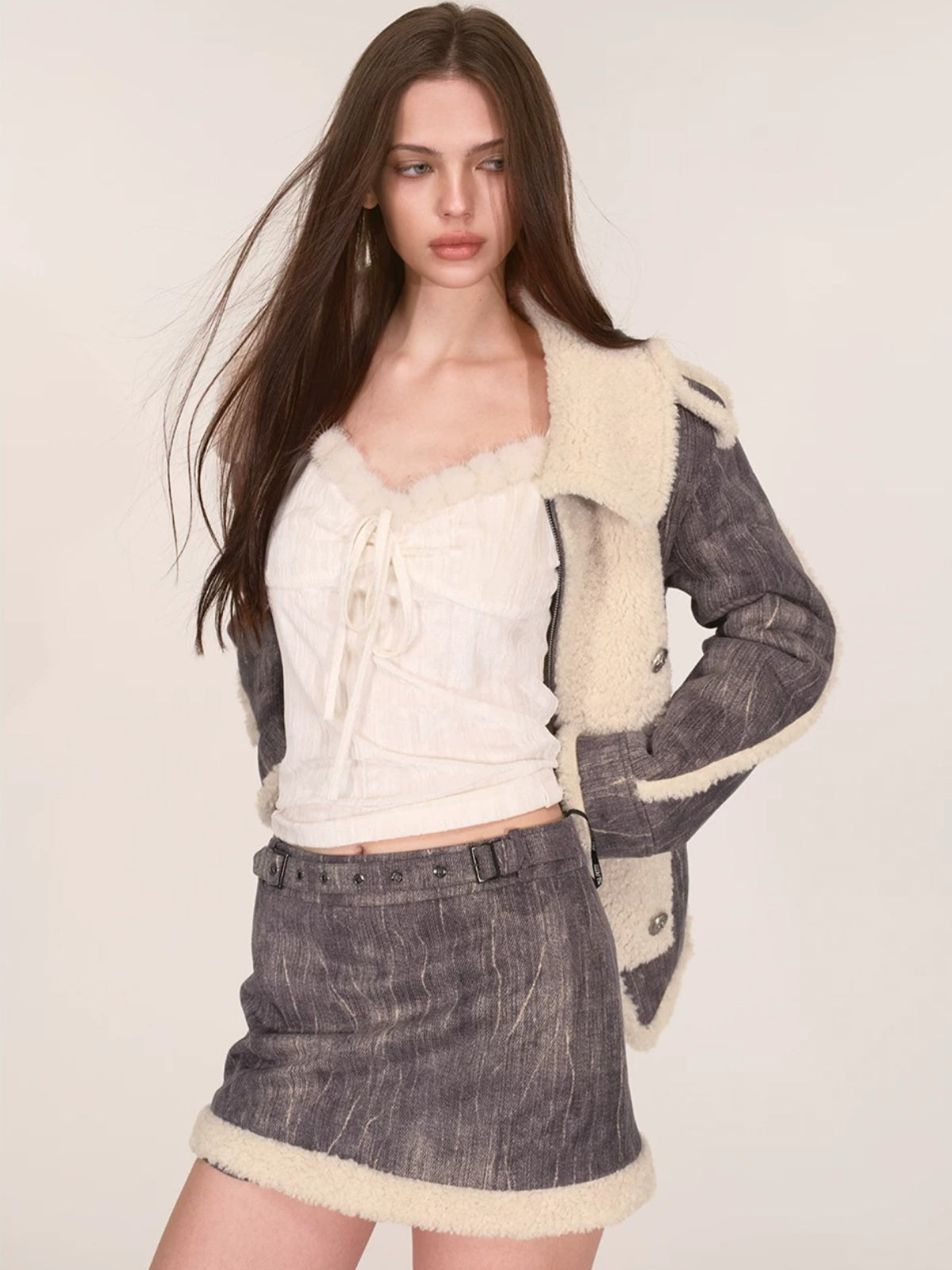 Sherpa Trimmed Jacket &amp; Skirt Set