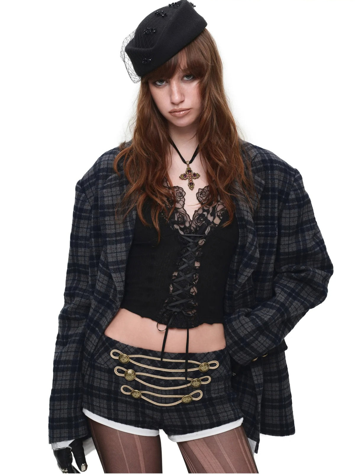 Vintage Plaid Napoleon Wool Shorts