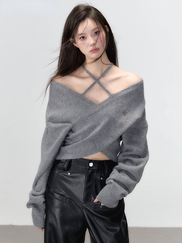 Grey &amp; White Off-shoulder Knitted Wool Sweater