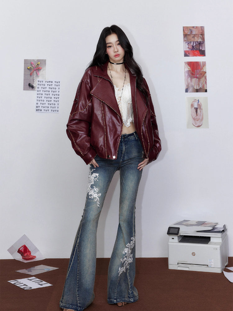 White Embroidered Flared Washed Denim Jeans