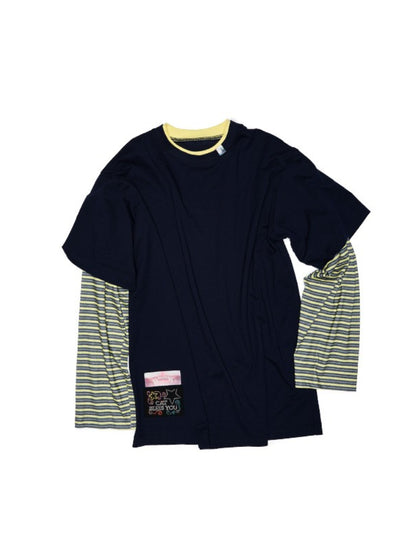 Fake Two-Piece Contrast Color Loose Striped T-Shirt