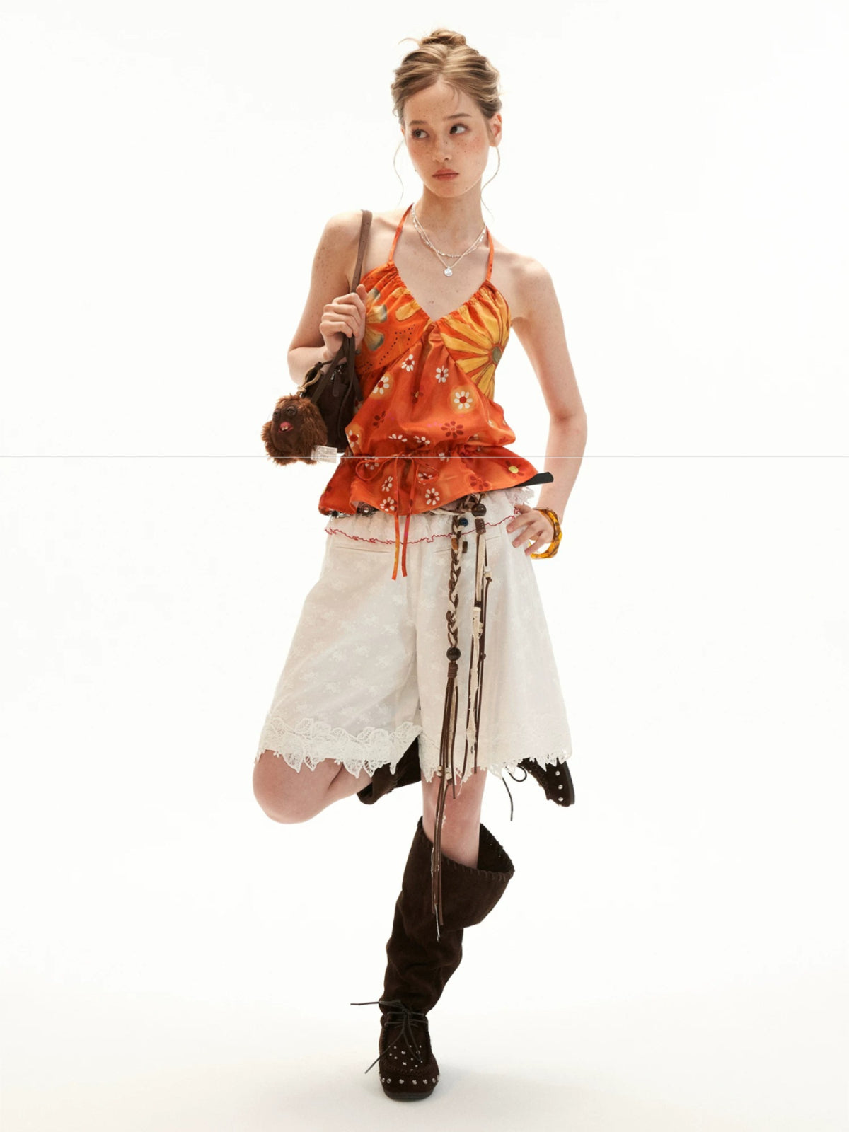 Orange Floral Drawstring Halter Top