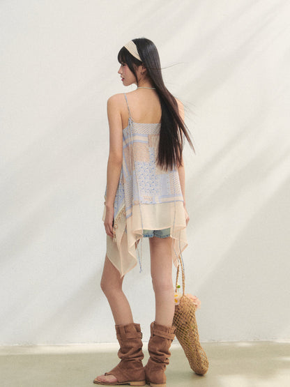 Irregular Beaded Strappy Printed Slip Dress