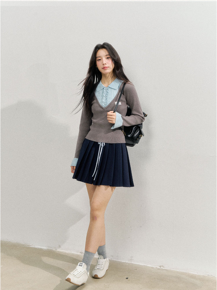 Brown &amp; Navy College Pleated Skirt