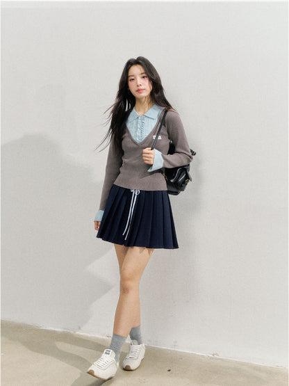 Brown &amp; Navy College Pleated Skirt