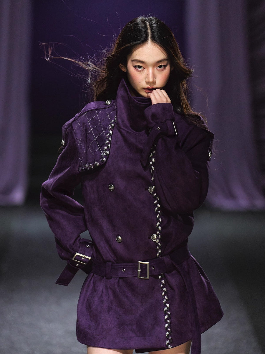 Purple Suede Stand-Collar Trench Jacket