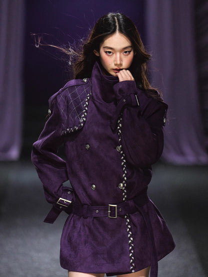 Purple Suede Stand-Collar Trench Jacket