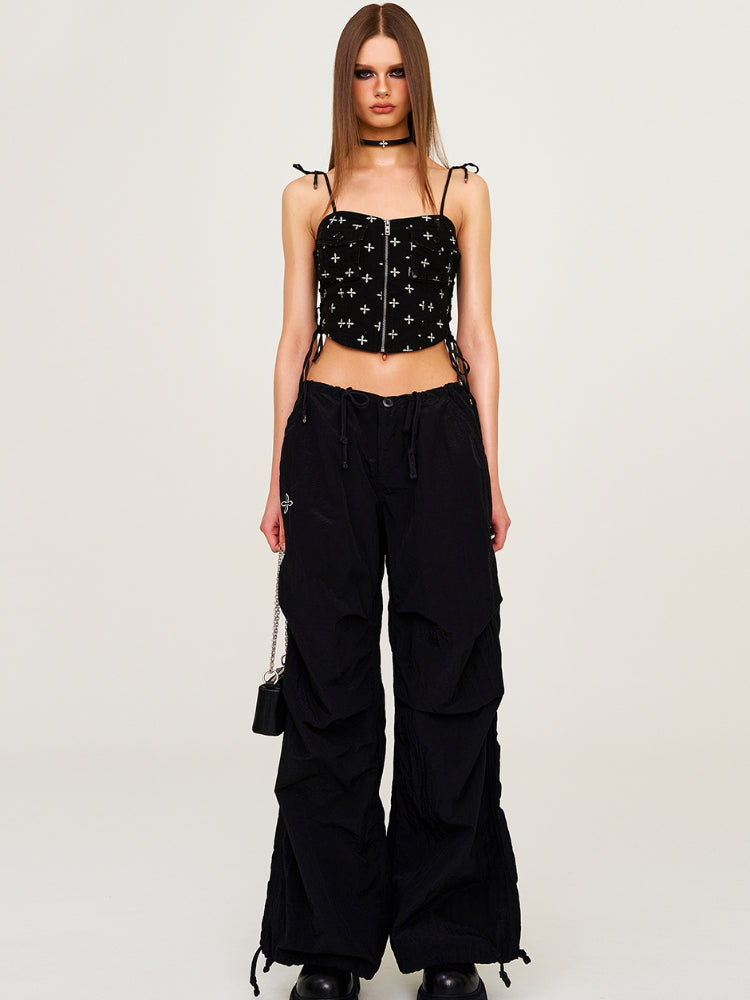 Drawstring Wide-Leg Cargo Workout Pants
