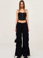 Drawstring Wide-Leg Cargo Workout Pants