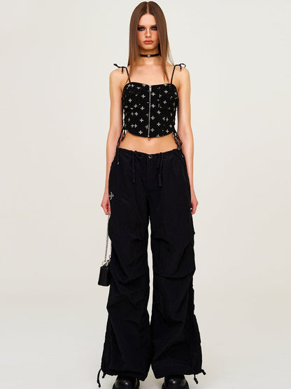 Drawstring Wide-Leg Cargo Workout Pants