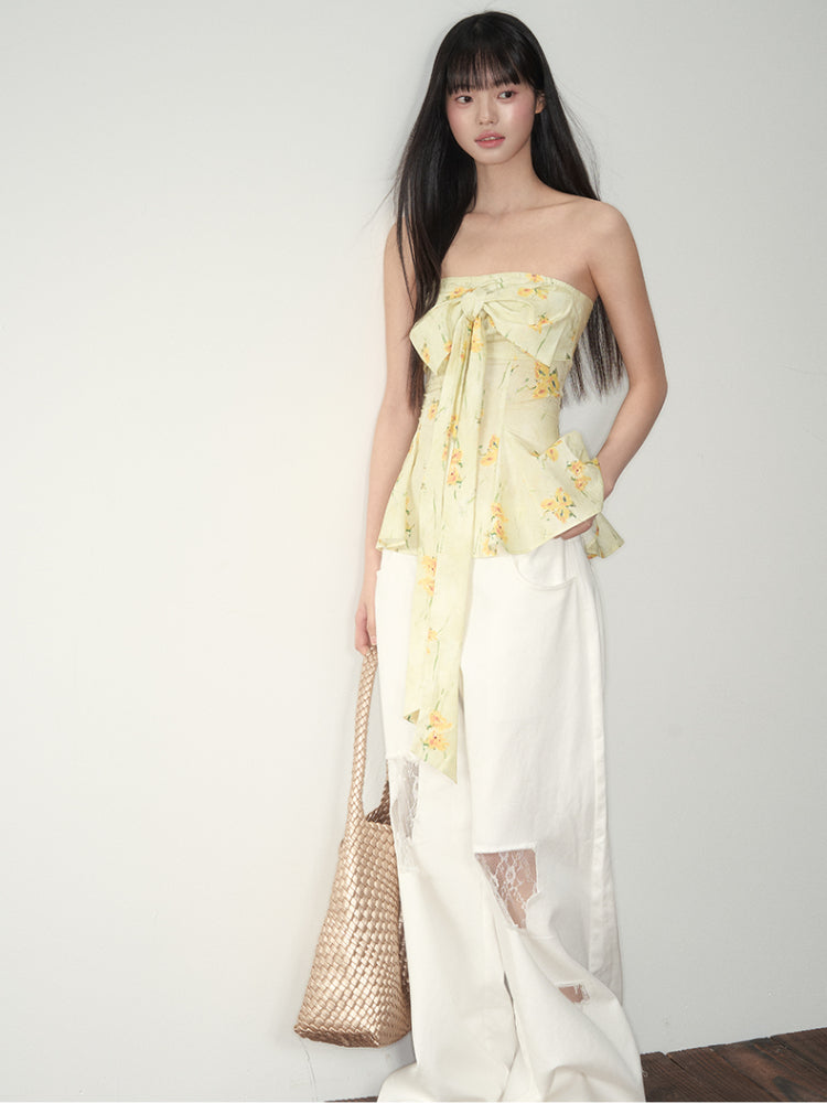 Yellow Floral Elastic Bow - adorned Strapless Top