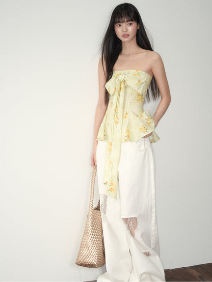 Yellow Floral Elastic Bow - adorned Strapless Top