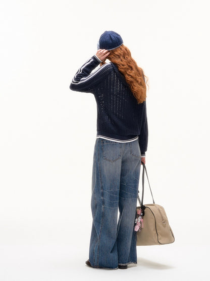 Blue &amp; Red Embroidered Knit Hoodie