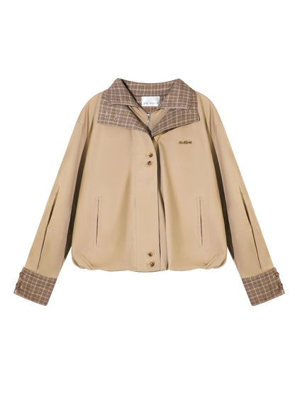 Two-piece Plaid Spliced Cocoon-shaped Trench Jacket