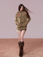 Brown Leather Buckle Cardigan & Hooded Cape Set