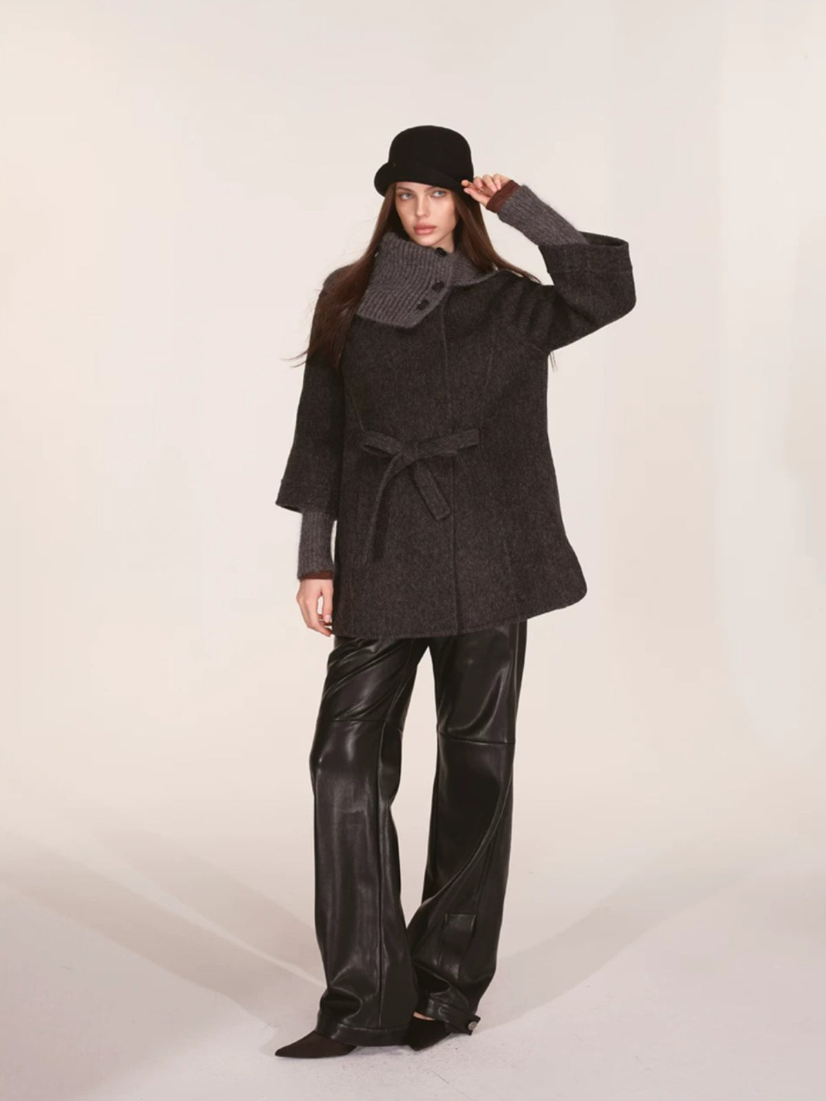 Asymmetric Collar Belted Wool Coat