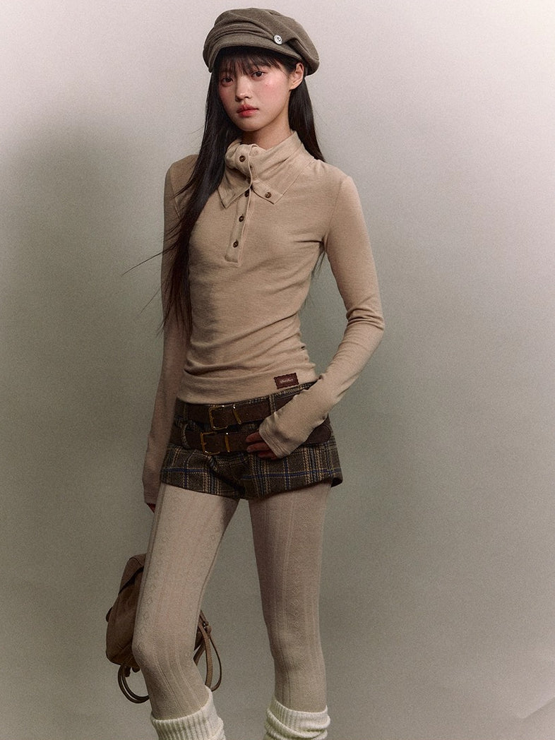 Drape-Neck Slim Knit Top