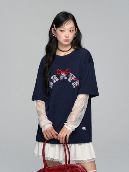 Lace-spliced Alphabet Bow T-shirt