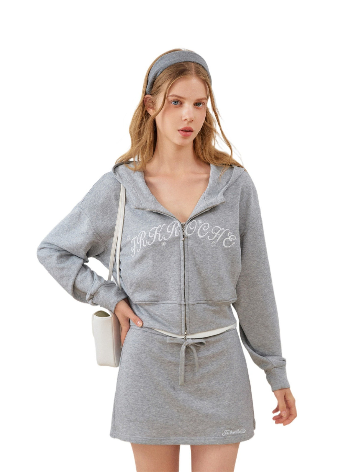 Contrast Embroidered Zip Hoodie &amp; Skirt Set