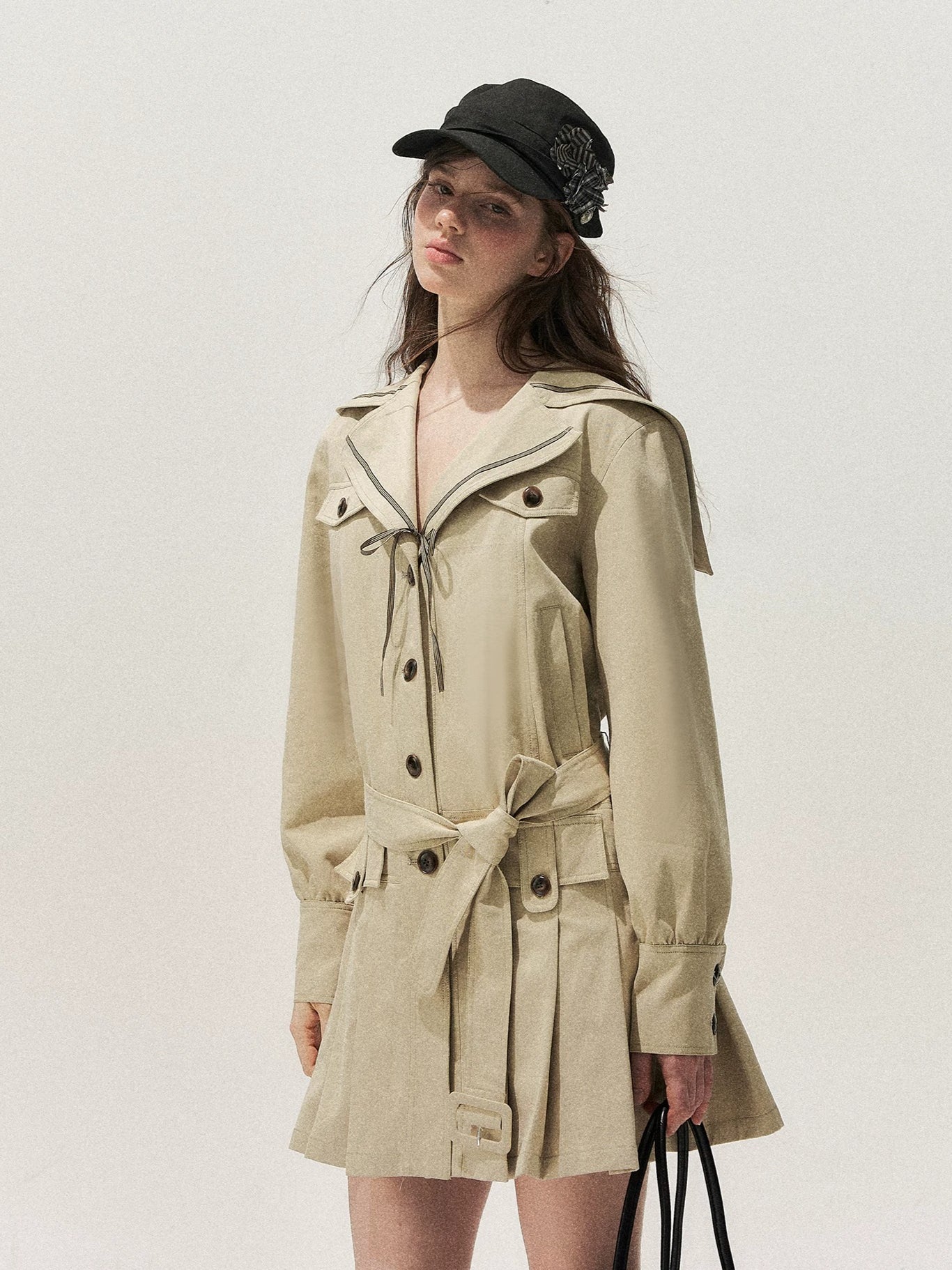 Sailor Collar Pleated Trench Coat