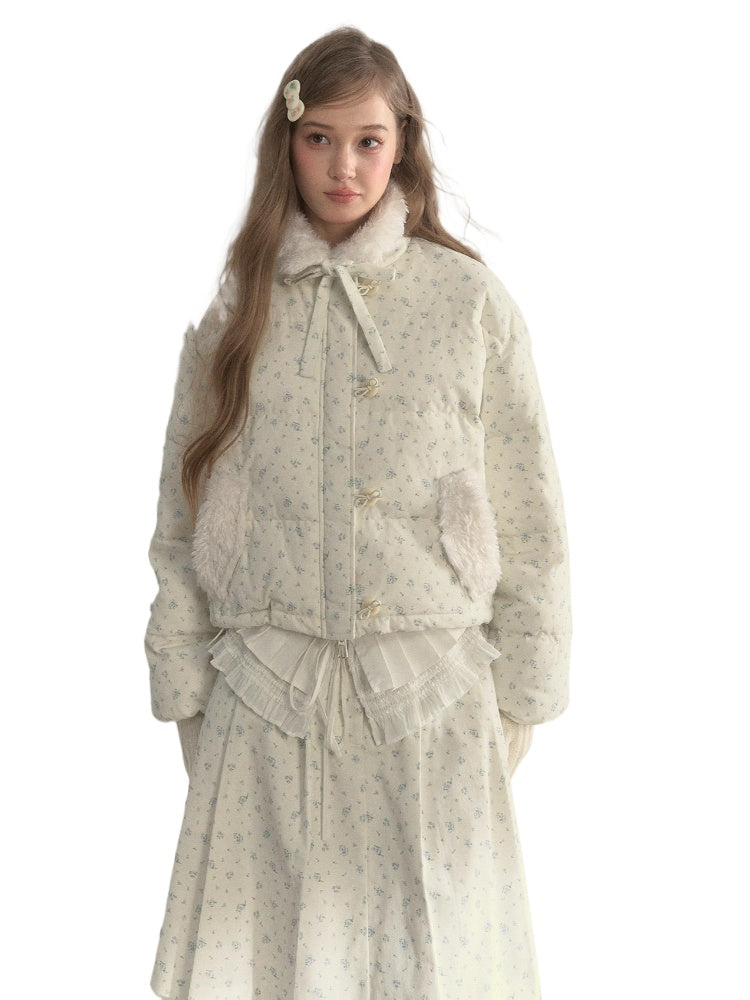 Floral Corduroy Down Jacket &amp; Pleated Skirt