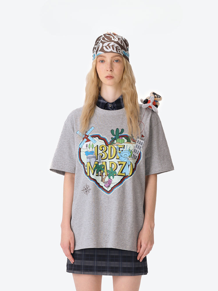 Map Illustration Crew Neck Short Sleeve T-shirt