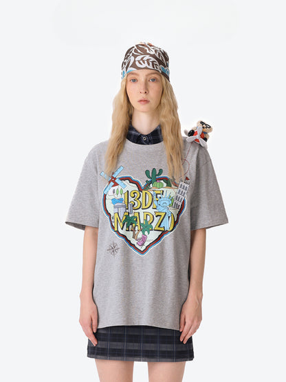 Map Illustration Crew Neck Short Sleeve T-shirt