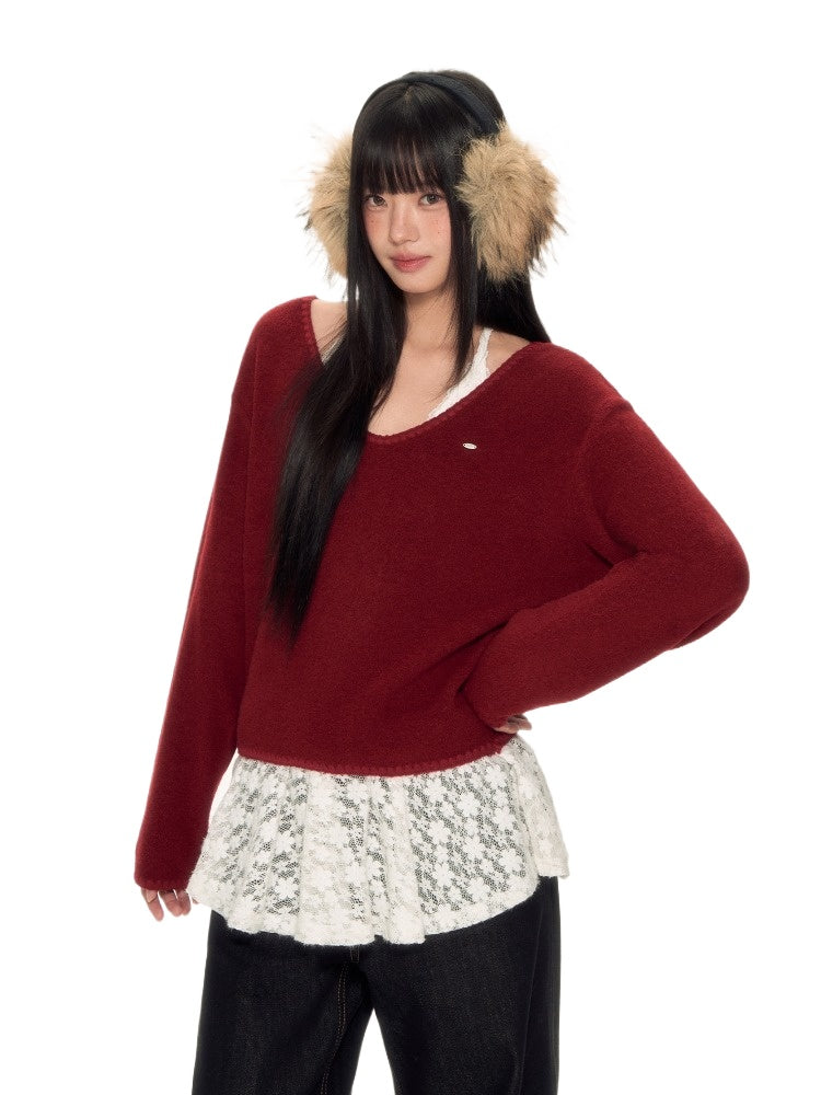 Red Lace Halter Knit 2-piece Set