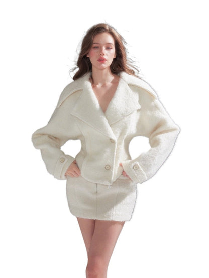 Shearling Collar Waist-Cinching Coat &amp; Wool Skirt Set