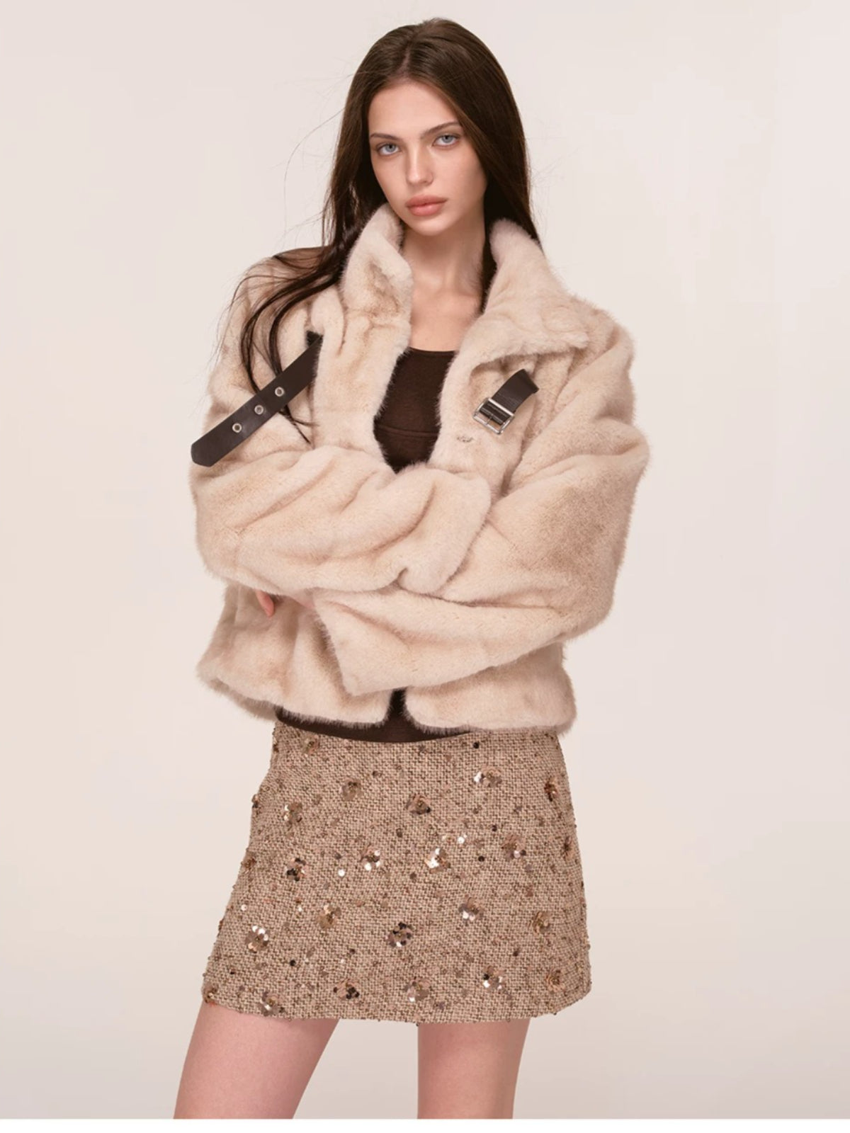 Sequined Contrast Waist Tweed Mini Skirt