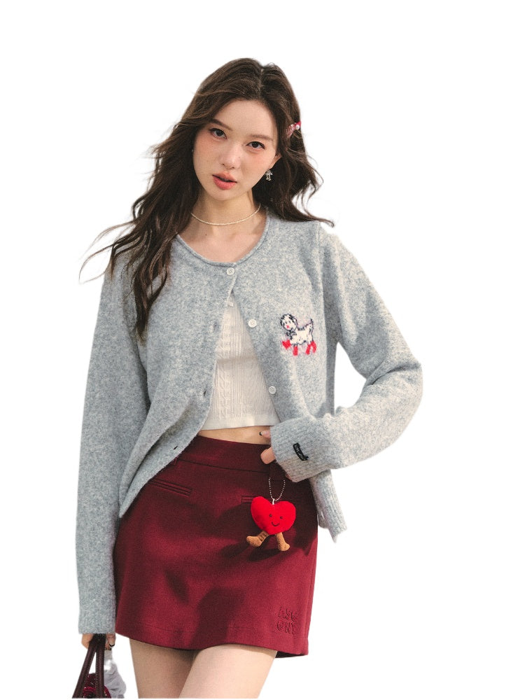 Crew Neck Dalmatian Jacquard Knit Cardigan