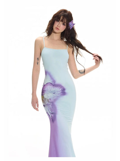 Blue 3D Gradient Floral Dress &amp; Vest Set