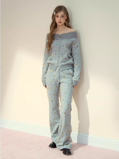 Floral Bear Bunny Off-Shoulder Sweatshirt &amp; Pants Set