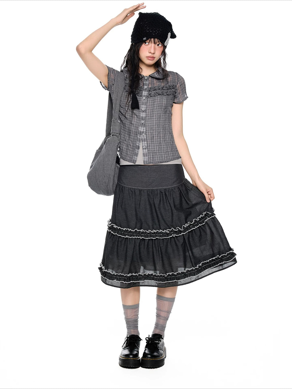 Pleated Plaid Collar Top