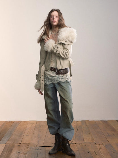 Faux Shearling Fur Collar Short Jacket