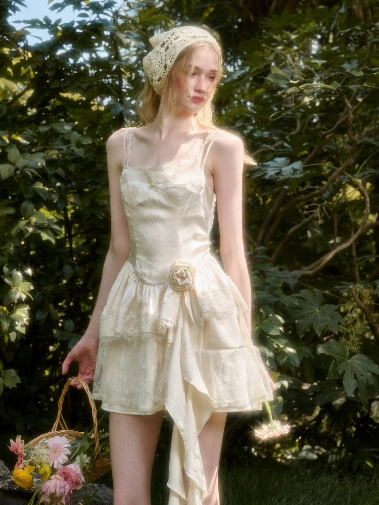 Cloud - like Lace Jacquard Little White Dress