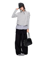 Striped Half Neck Button Knit Top